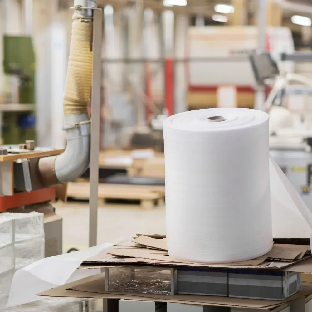 production, manufacture and industry concept - roll of foam wrap at furniture factory workshop globex