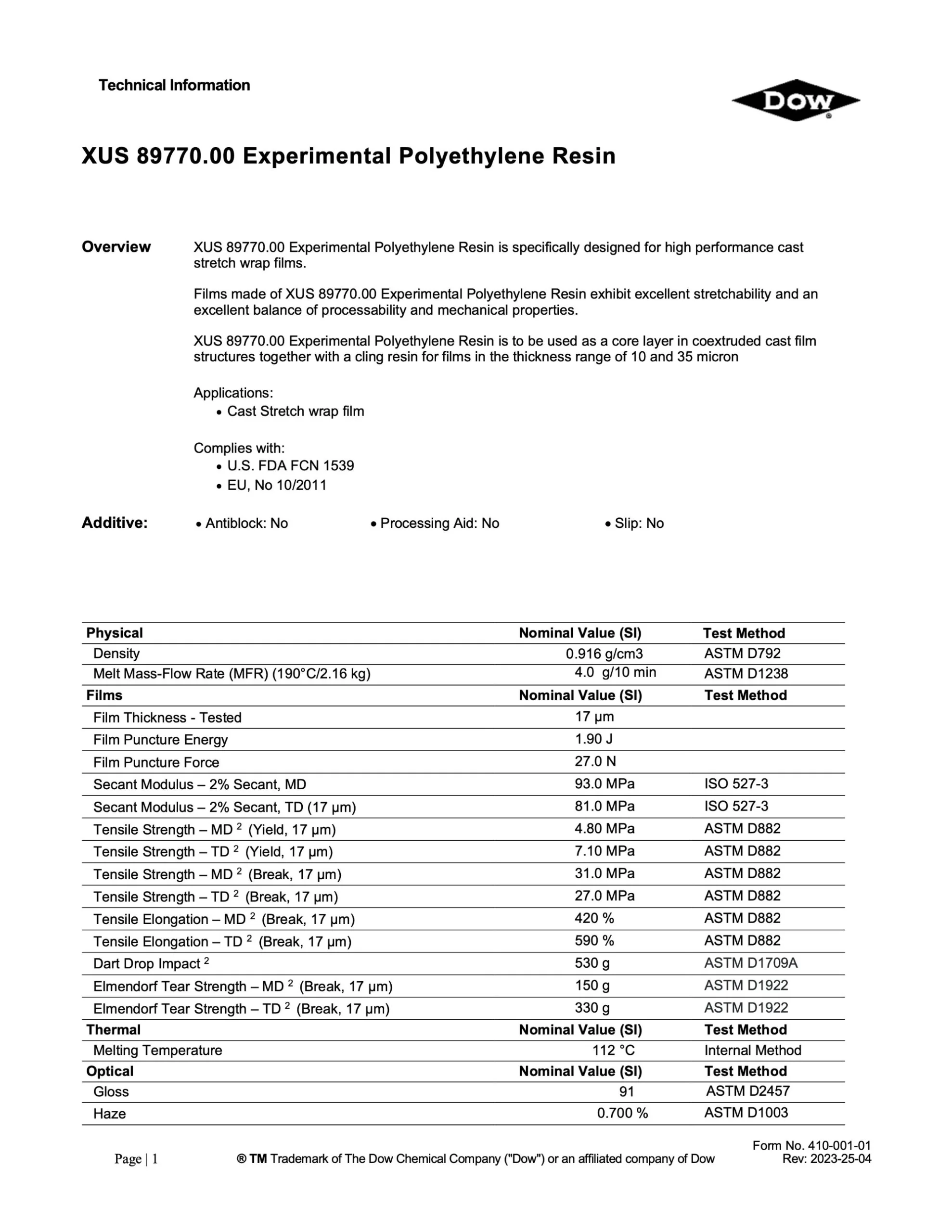 XUS 89770.00 Experimental Polyethylene Resin specs globexvn
